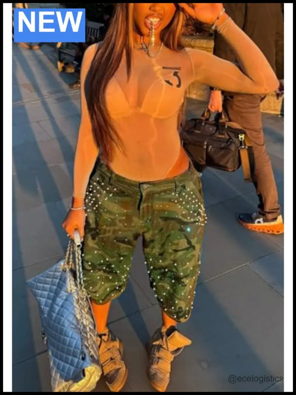 Camo Bermuda Cargo Shorts Women Baggy Y2K Jorts Rhinestone Denim
